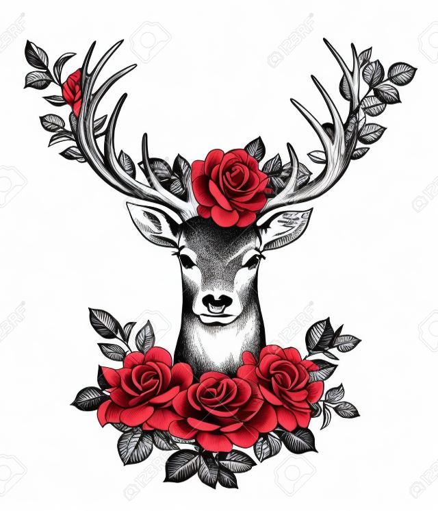 Handgezeichnete Rotwild verzierte Rosen isoliert auf weißem Hintergrund. Bleistiftzeichnung monochrome elegante Blumenkomposition mit Hirschkopf und Blumen in Hörnern, T-Shirt, Tattoo-Design.
