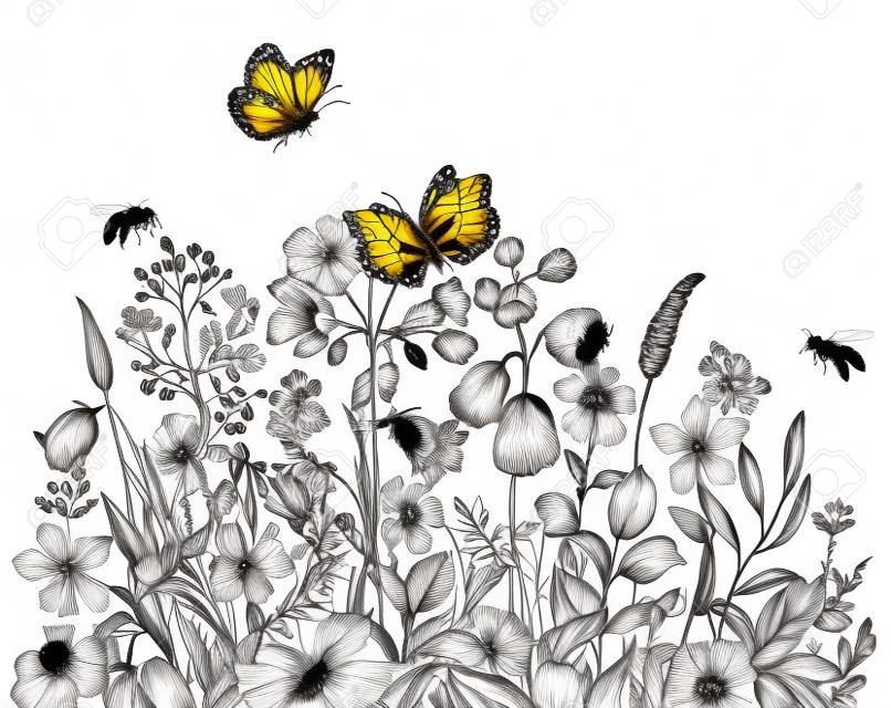 손으로 그린 야생 꽃, 날아다니는 꿀벌, 나비는 흰색 배경에 격리되어 있습니다. 연필 드로잉 우아한 꽃 테두리 빈티지 스타일입니다.