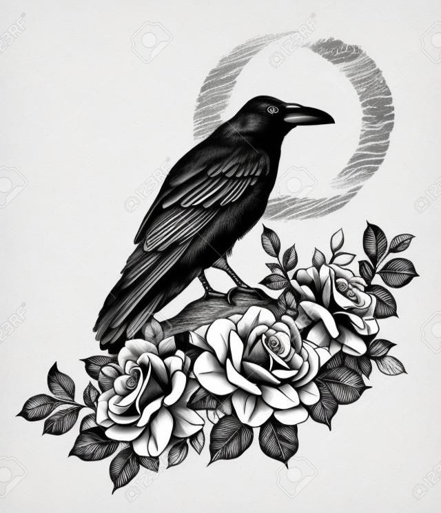 Hand drawn Crow bird sitting on branch and Roses on New Moon background. Pencil drawing monochrome elegant floral composition with flowers and raven side view vintage style, t-shirt, tattoo design.