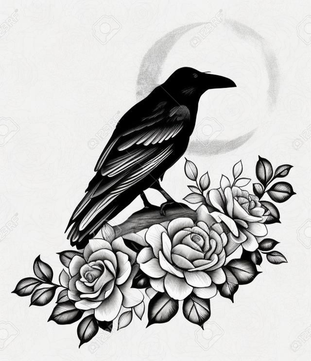 Hand drawn Crow bird sitting on branch and Roses on New Moon background. Pencil drawing monochrome elegant floral composition with flowers and raven side view vintage style, t-shirt, tattoo design.