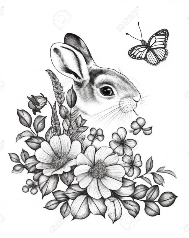 Piccola lepre disegnata a mano con fiori di campo e farfalla volante isolata su bianco. Disegno a matita composizione floreale monocromatica con fiori e coniglietto in stile vintage, t-shirt, disegno tatuaggio termorary.