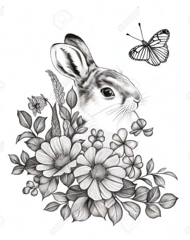 Petit lièvre dessiné à la main avec des fleurs sauvages et un papillon volant isolé sur blanc. Dessin au crayon composition florale monochrome avec fleurs et lapin de style vintage, t-shirt, conception de tatouage termorary.