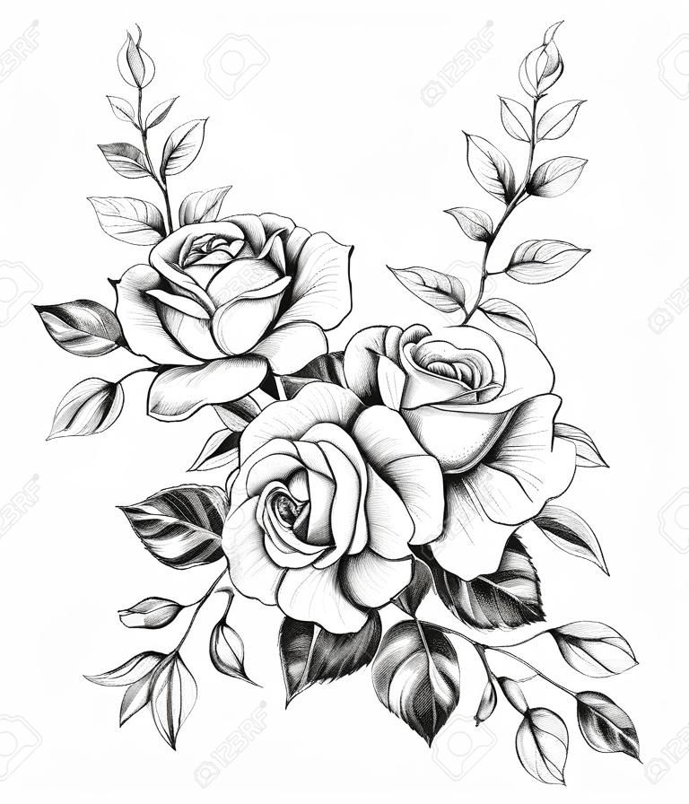 Bouquet de fleurs roses dessinés à la main isolé sur fond blanc. Dessin au crayon composition florale élégante monochrome dans un style vintage, t-shirt, conception de tatouage.