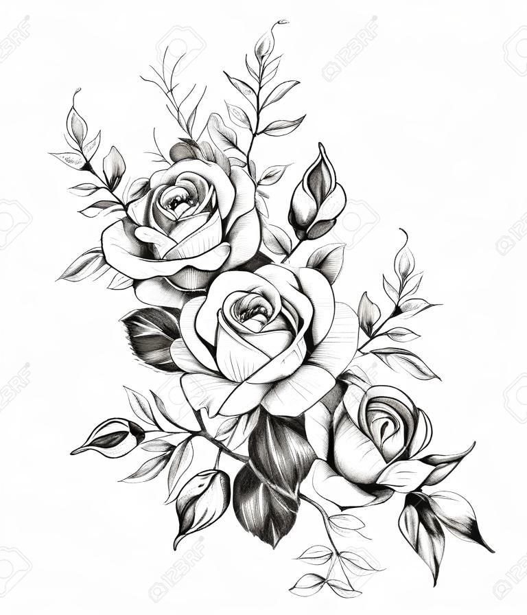 Bouquet de fleurs roses dessinés à la main isolé sur fond blanc. Dessin au crayon composition florale élégante monochrome dans un style vintage, t-shirt, conception de tatouage.