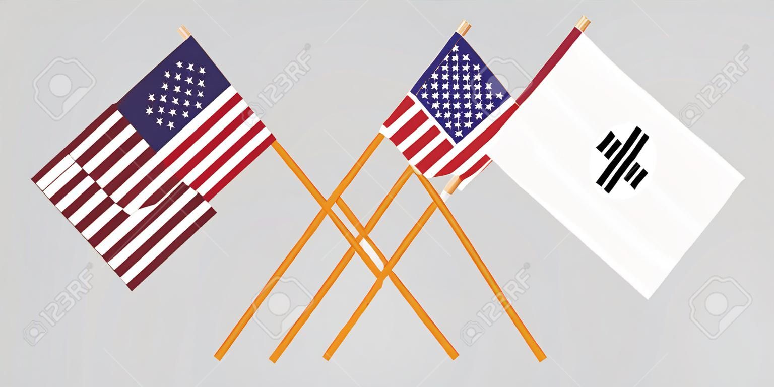 Crossed flags South Korea and USA. Official colors. Correct proportion. Vector illustration