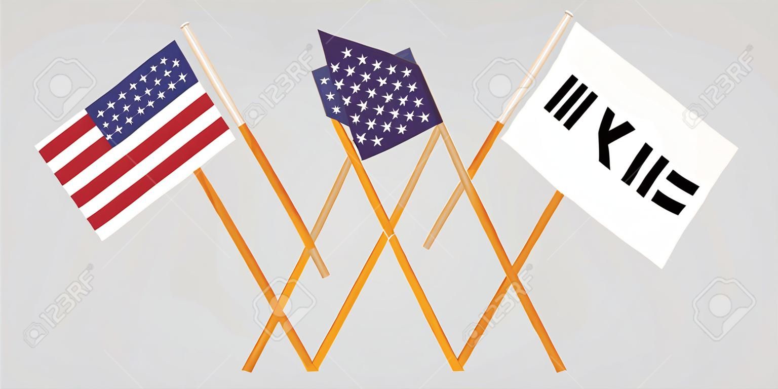 Crossed flags South Korea and USA. Official colors. Correct proportion. Vector illustration