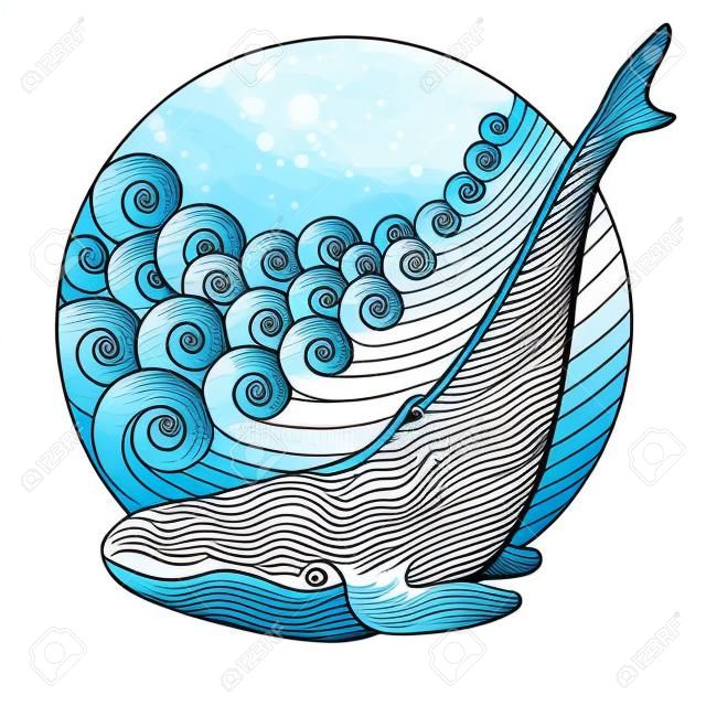 Whale on the Waves. Marine illustration. Hand drawn sea waves round frame. Vector Illustration