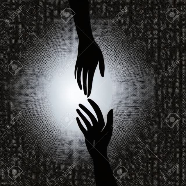 Duas mãos são desenhadas uma para a outra. Silhuetas pretas isoladas no fundo branco. Ilustração vetorial