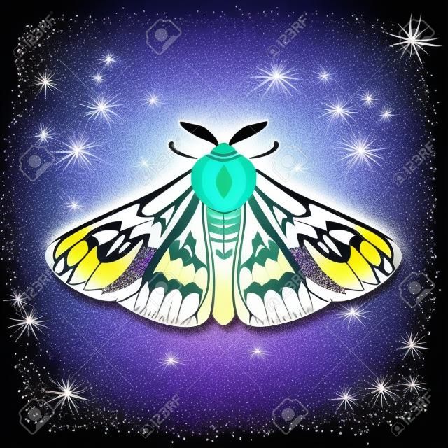 装飾的な幻想的な蛾。装飾品で覆われた翼。きらめく暗い背景に分離されたベクトル図