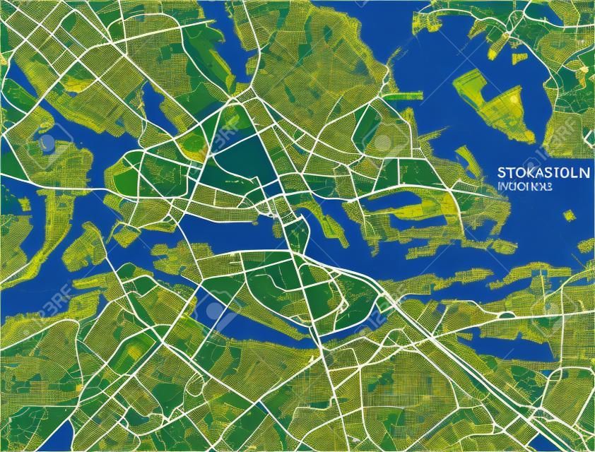 Stockholm haritası, uydu görüntüsü, sokaklar ve otoyollar, İsveç