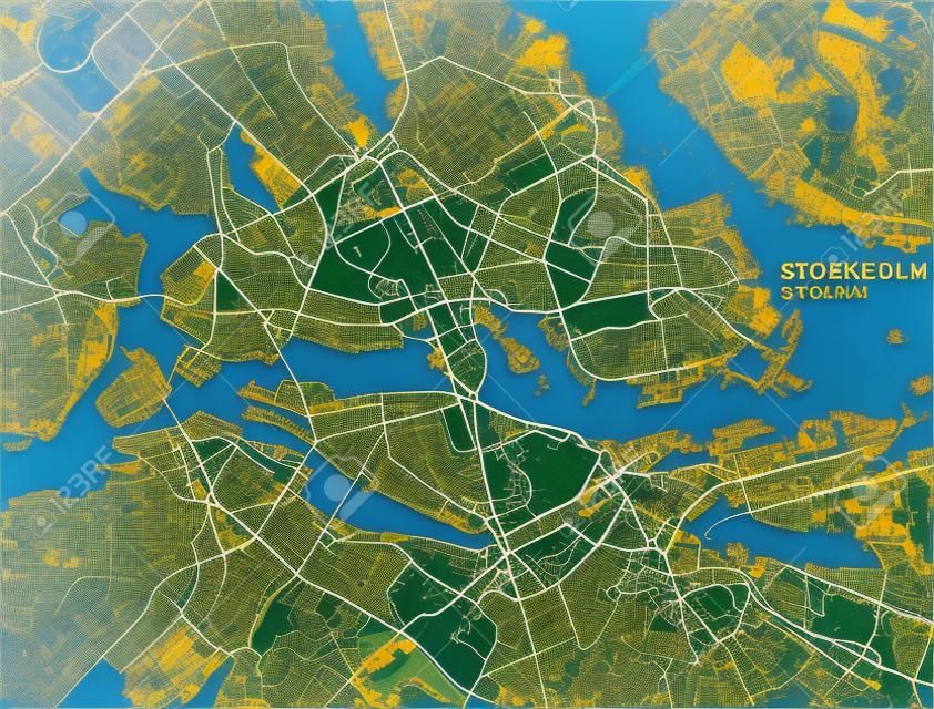Stockholm haritası, uydu görüntüsü, sokaklar ve otoyollar, İsveç