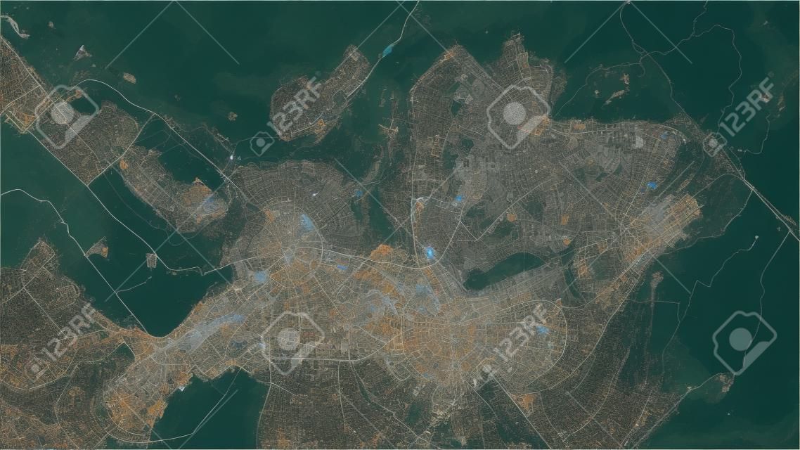 Satellitenkarte von Tirana, Albanien, Stadtstraßen. Straßenkarte, Stadtzentrum