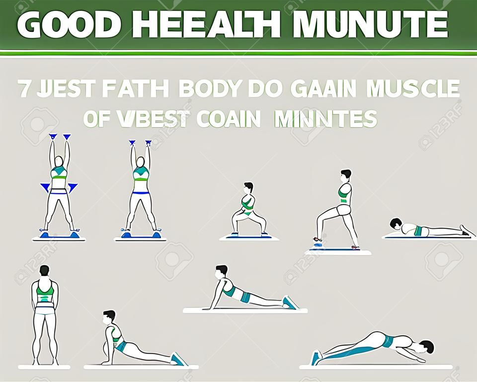 Goede gezondheid en fitness, slechts zeven minuten van de oefening kan een lichaam goed doen. Los vet en krijg spier in 7 minuten per dag. Lichaamsoefening die u kunt doen elke waar