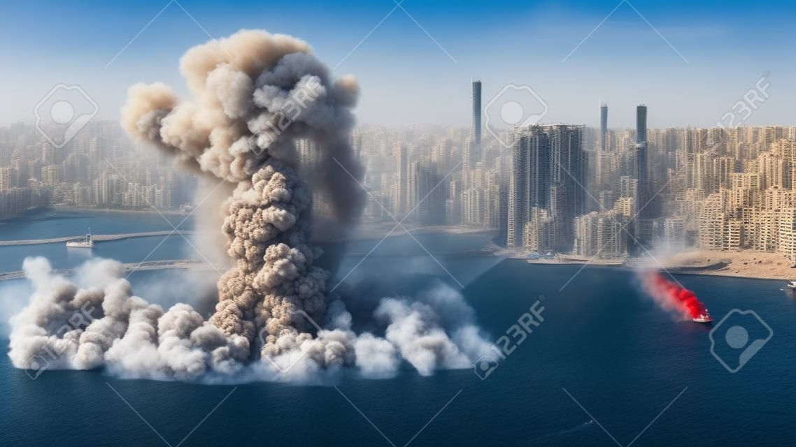 Vista aérea durante a explosão na área portuária de Beirute, Líbano. Nitrato de amônio armazenado no porto. 3d render. Ruas e edifícios. Explosão que devastou grande parte da área portuária de Beirute