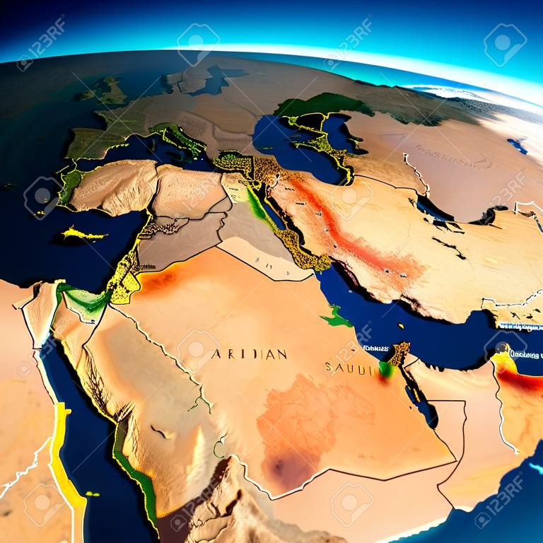 Karte der Arabischen Halbinsel, physische Karte des Nahen Ostens, 3D-Rendering, Reliefs und Berge. Mittelmeer. Israel, Türkei, Syrien, Irak, Jordanien, Ägypten, Iran, Saudi-Arabien. Elemente dieses Bildes sind furn