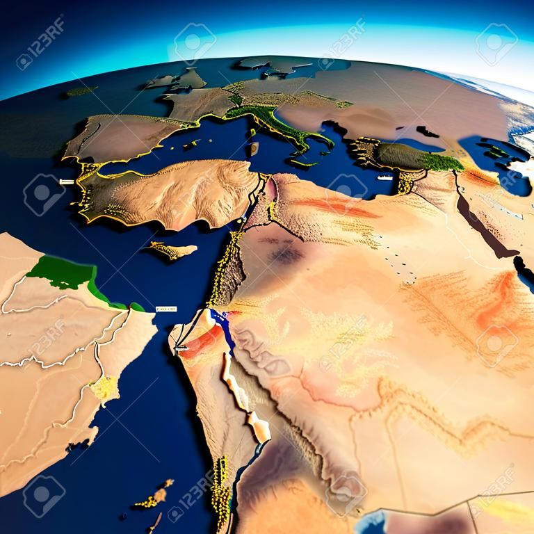 Karte der Arabischen Halbinsel, physische Karte des Nahen Ostens, 3D-Rendering, Reliefs und Berge. Mittelmeer. Israel, Türkei, Syrien, Irak, Jordanien, Ägypten, Iran, Saudi-Arabien. Elemente dieses Bildes sind furn