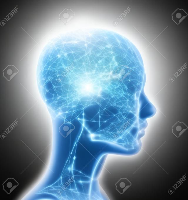 Stimuli and emotions, feelings that pervade the body. Impulses, neurons and synapses. Face profile view. Artificial intelligence. Alignment of the chakras. Trigger points