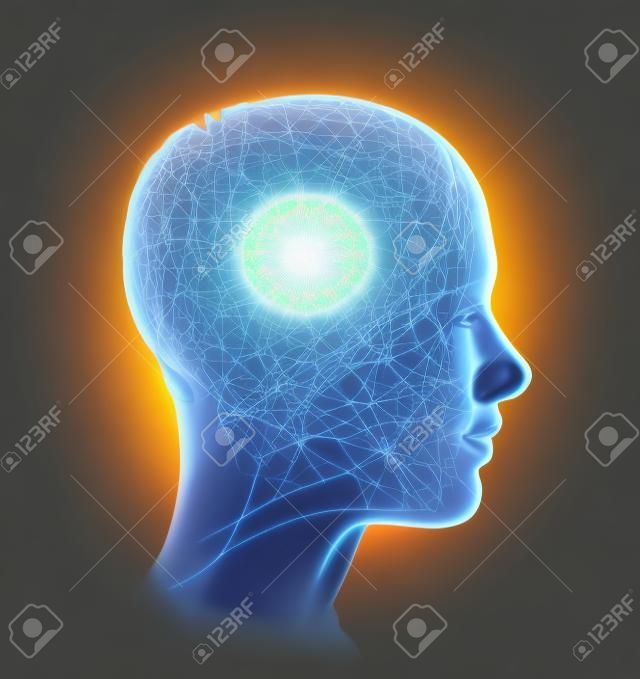 Stimuli and emotions, feelings that pervade the body. Impulses, neurons and synapses. Face profile view. Artificial intelligence. Alignment of the chakras. Trigger points