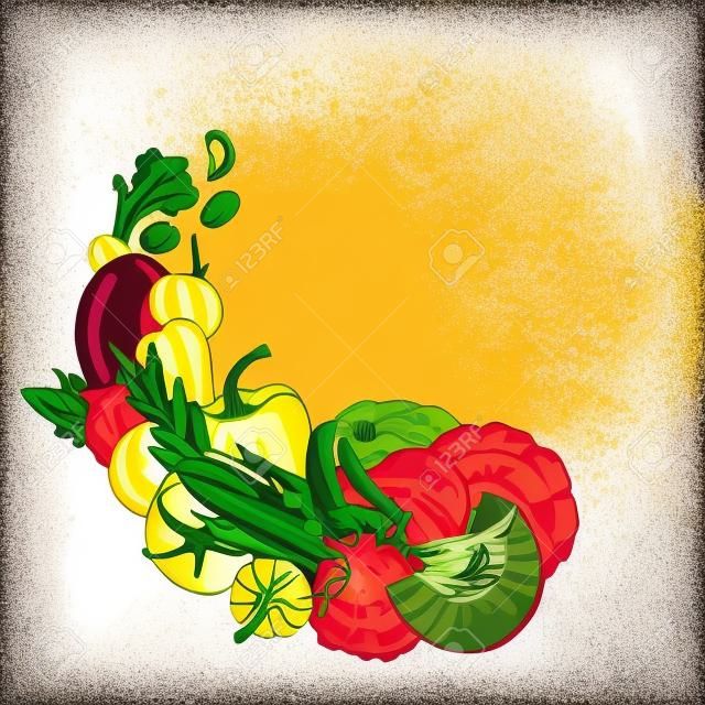 Vegetables. Fresh food. Pumpkin, artichokes, beets, asparagus, corn, garlic, tomato line drawn on a white background. Vector illustration.