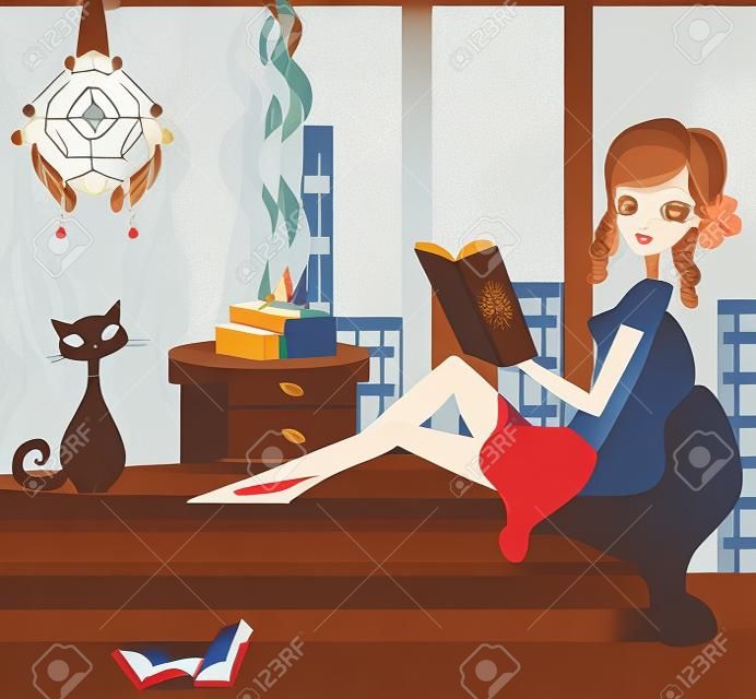 Illustratie van een meisje Het lezen van een boek