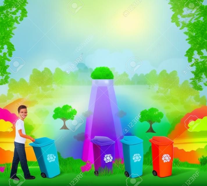 Coloré bacs de recyclage concept d'écologie avec le paysage