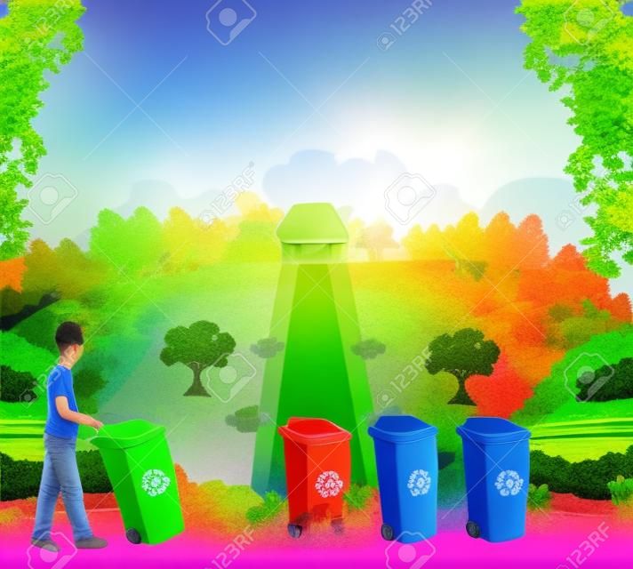 Riciclare i contenitori colorati concetto di ecologia con il paesaggio