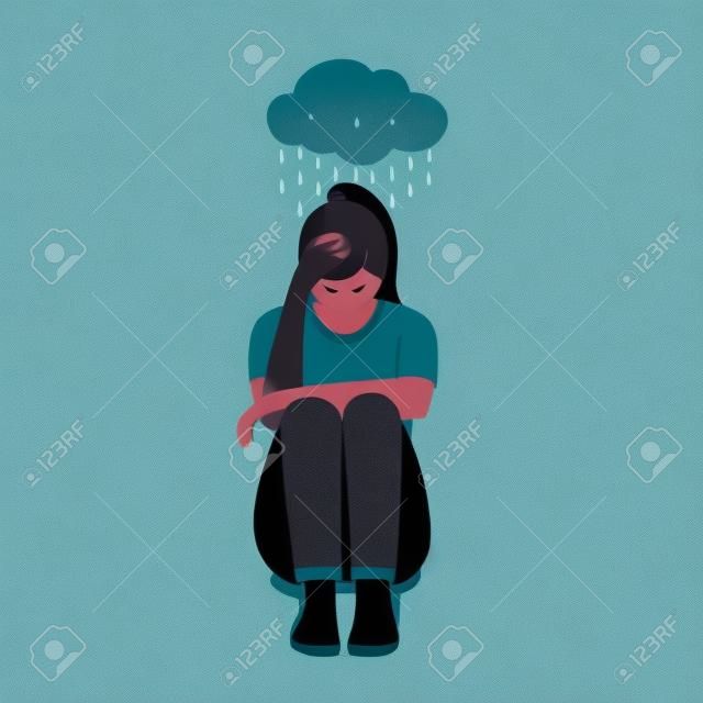 Sad, unhappy teenage girl, young woman sitting in the rain, depression concept, flat illustration isolated on white background. woman sitting under rain clouds