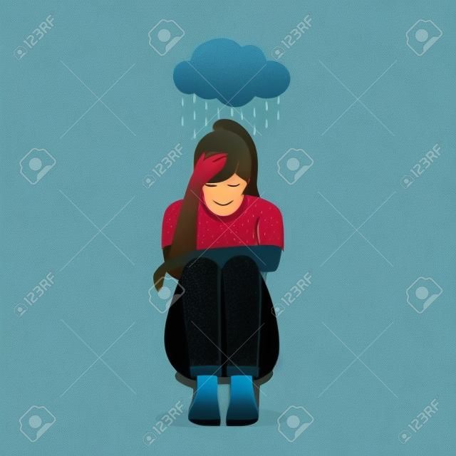 Sad, unhappy teenage girl, young woman sitting in the rain, depression concept, flat illustration isolated on white background. woman sitting under rain clouds