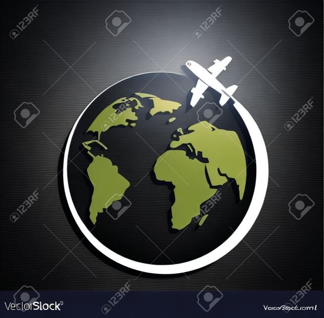 Flat metallic icon of the aircraft and the planet earth. Vector image.