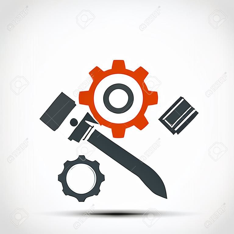 Логотип двигатель с поршнями и гаечный ключ. Векторная иллюстрация.