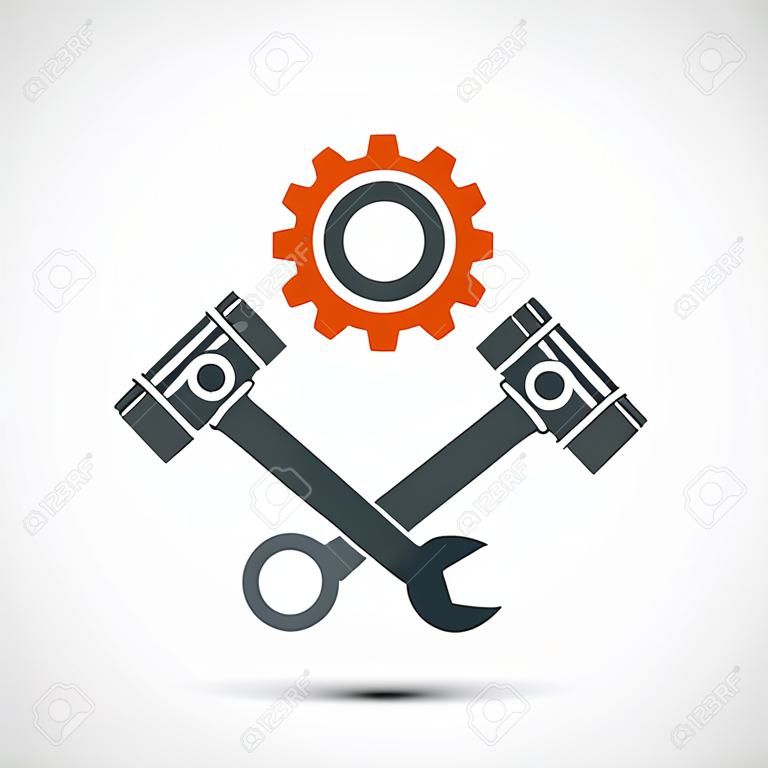 Логотип двигатель с поршнями и гаечный ключ. Векторная иллюстрация.