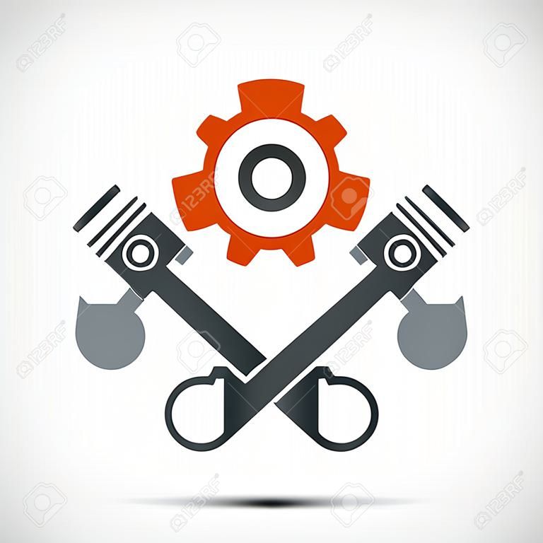 Logo del motor con pistones y una llave. Ilustración vectorial material.