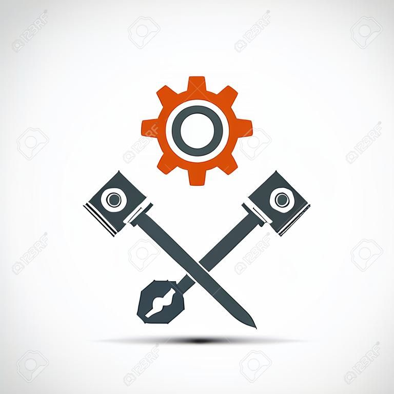 Motor de logotipo com êmbolos e uma chave. Ilustração vetorial de stock.