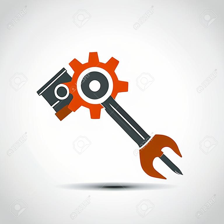 Logo del motor con pistones y una llave. Ilustración vectorial material.