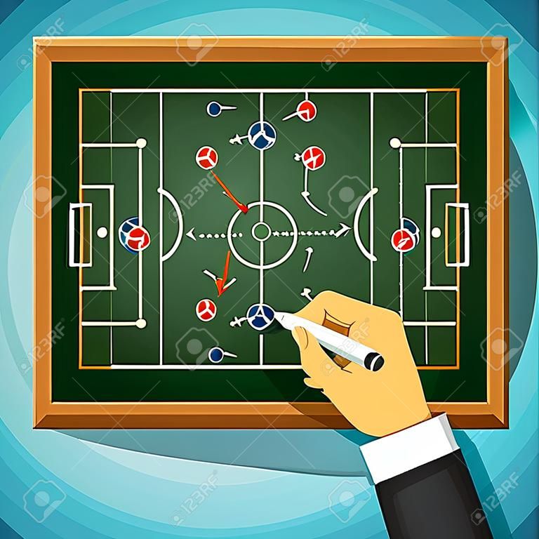 Coach draws tactics play in football. Stock Vector cartoon illustration.