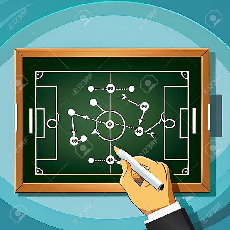 Treinador desenha táticas jogar no futebol. Ilustração em vetor de banco de imagens.