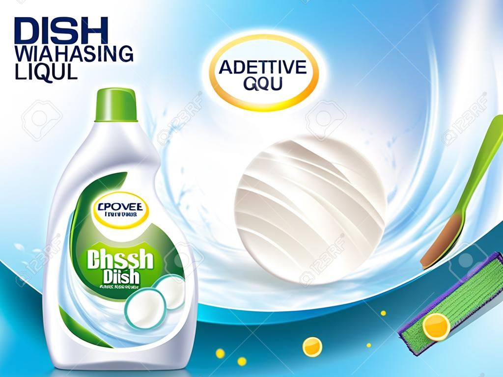 Dishwashing liquid product. Plastic bottle with label design. Brand name advertising poster. Stock vector illustration.