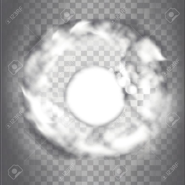 White abstract smoke texture. Circle frame template. Isolated on a transparent background. Vector illustration