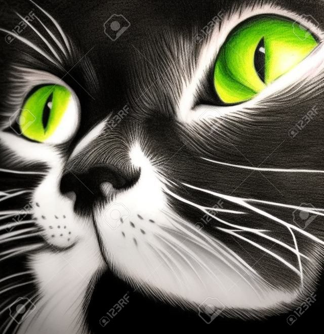 문신이나 티셔츠 디자인이나 아웃웨어를 위한 벡터 고양이. 귀여운 인쇄 스타일 고양이 배경입니다. 이 그림은 검은 천이나 캔버스에 그리는 것이 좋습니다.
