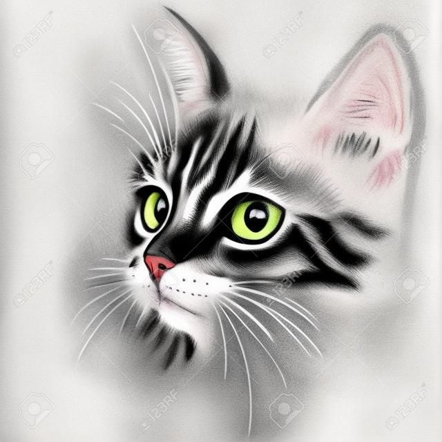 Il gatto Vector per il design di tatuaggi, magliette o capispalla. Sfondo di gatto carino stile di stampa. Questo disegno sarebbe carino da realizzare su tessuto o tela nera