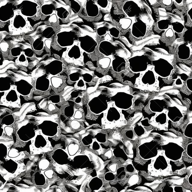 Black and white human skull grunge seamless pattern, isolated vector background