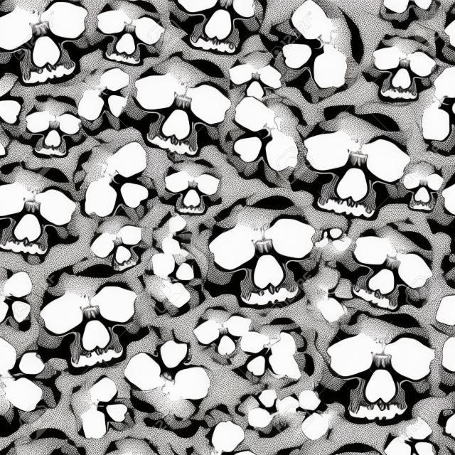 Black and white human skull grunge seamless pattern, isolated vector background