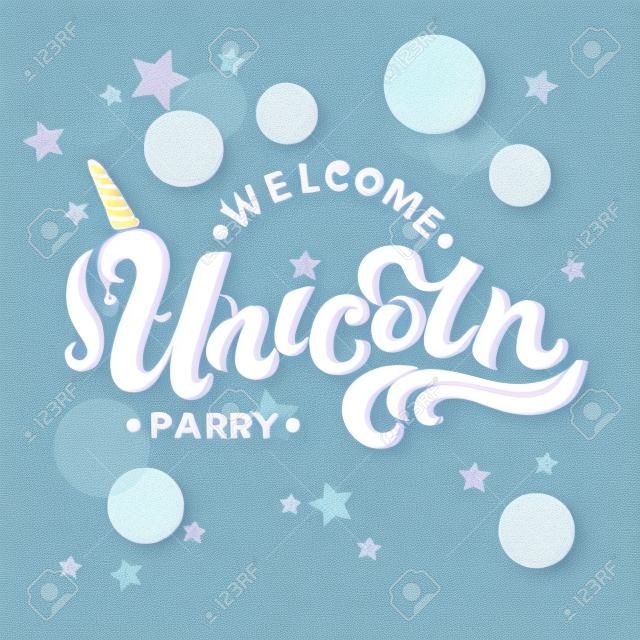 유니콘 파티 텍스트 파스텔 컬러 배경에 고립 된 환영합니다. 로고시, 배지, 패치, 아이콘으로 손으로 그린 유니콘 문자. 파티, 생일, 초대장, 전단지, 아기 출생의 템플릿.