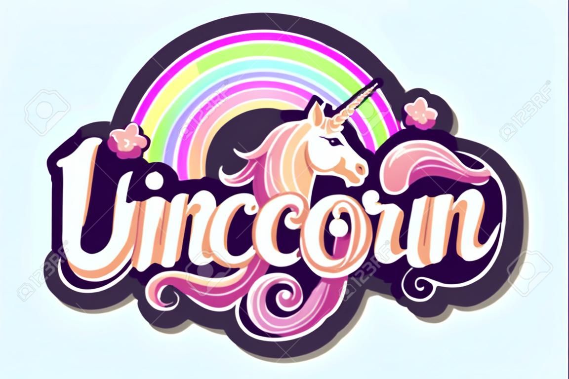 Unicorn text as logotype, badge, patch and icon isolated on white background. Hand drawn lettering Unicorn for postcard, card, invitation, flyer, banner template. Vector illustration