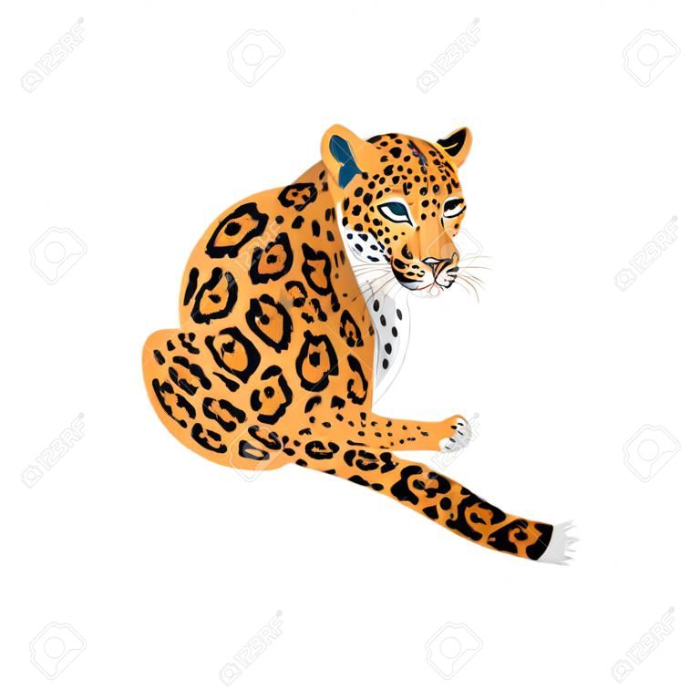 레오파드, 패턴, 디자인, 티셔츠 프린트, 스티커를 위한 야생 고양이. 흰색 배경에 벡터 일러스트 레이 션.