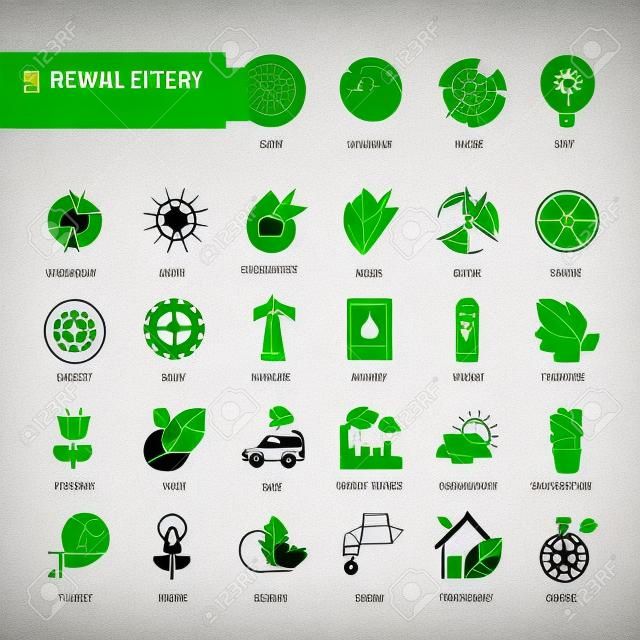 Dünne Linie Symbole gesetzt. Icons für erneuerbare Energien grüne Technologie.