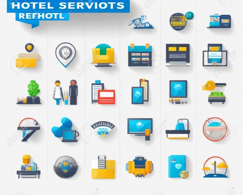 Flat line icons set of major hotel service facilities, resort accommodation, motel facility and hostel amenities, online booking, sport and leisure activities, rent a car service, entertainment