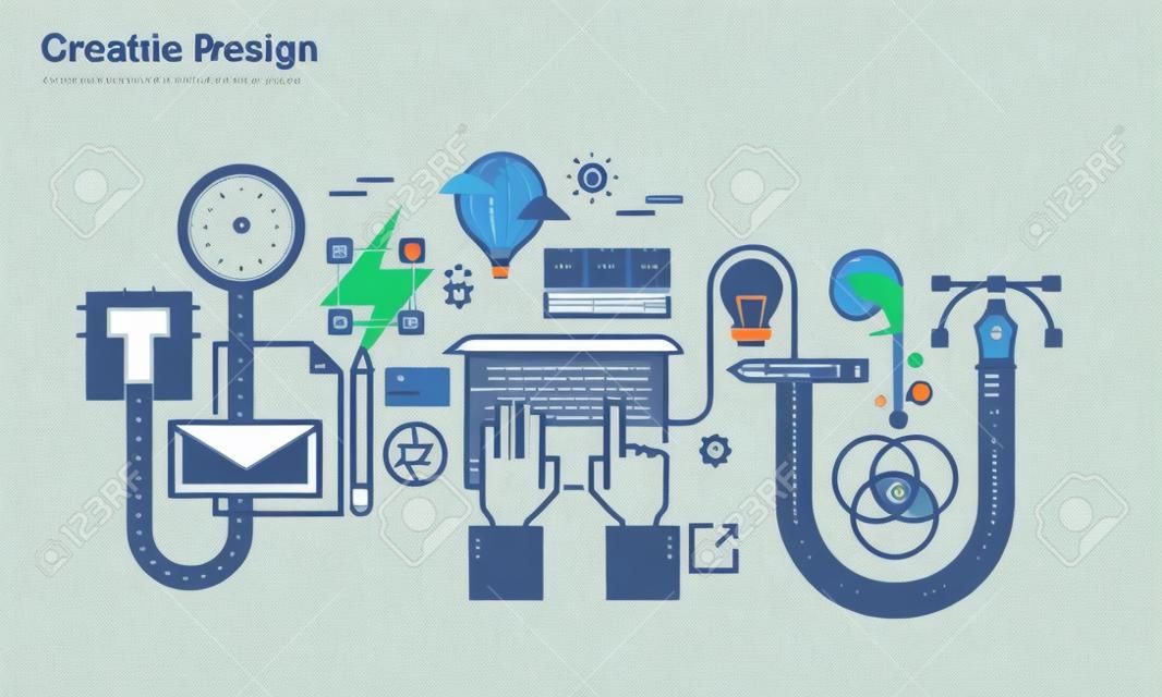 Flat Line illustration graphique processus de conception, processus de création, de la conception à l'arrêt, la conception, l'image de marque, la conception de l'emballage, de l'identité d'entreprise. Concept de bannières Web et des documents imprimés.