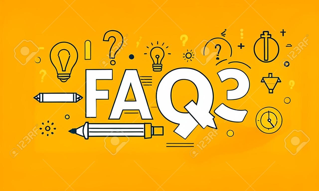 Thin line flat design for FAQ web page, online support, help, product and service information. Modern illustration concept of word FAQ for website and mobile website.