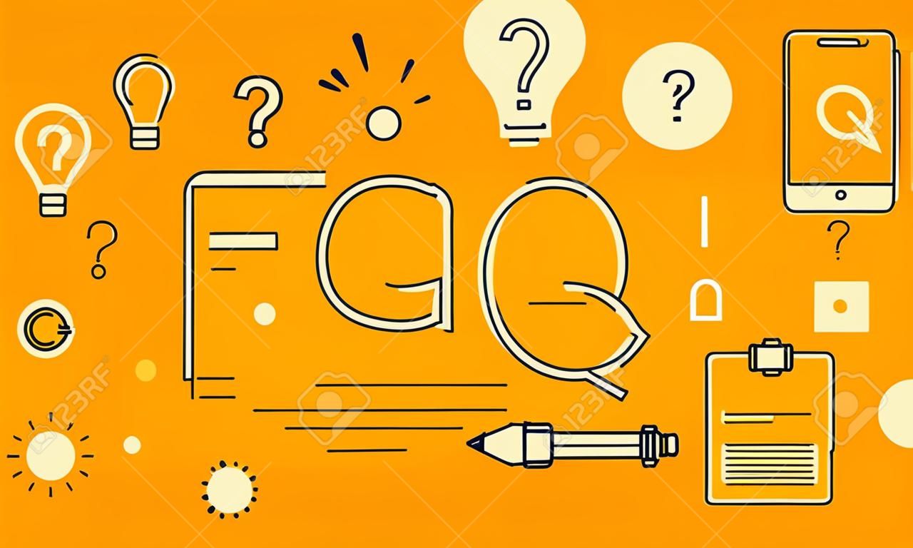 Thin line flat design for FAQ web page, online support, help, product and service information. Modern illustration concept of word FAQ for website and mobile website.